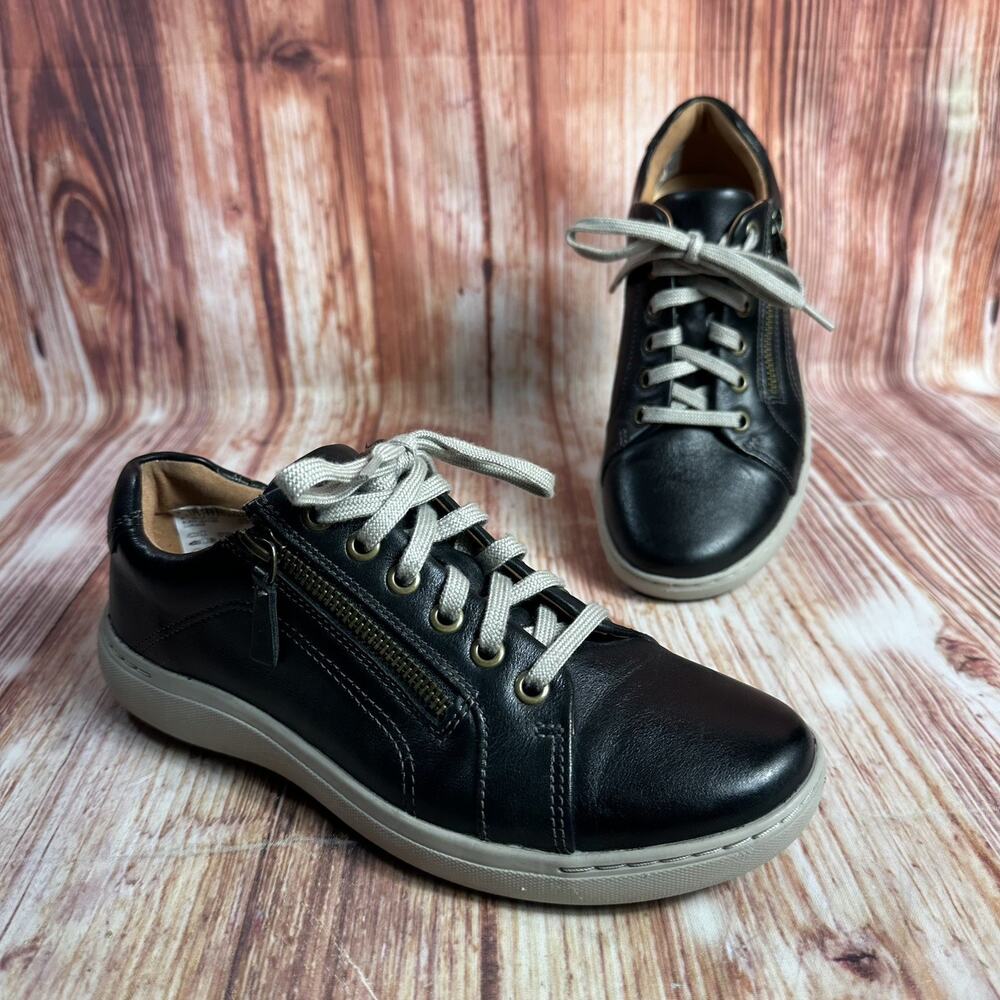 Clarks NALLE LACE Womens Size 7 Black Leather Side Zip Up Sneakers Oxford Shoes